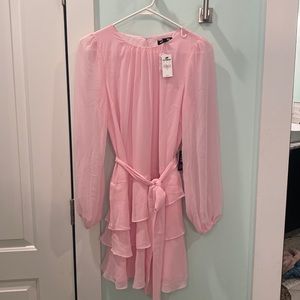 Express pink ruffle bottom tie waist dress